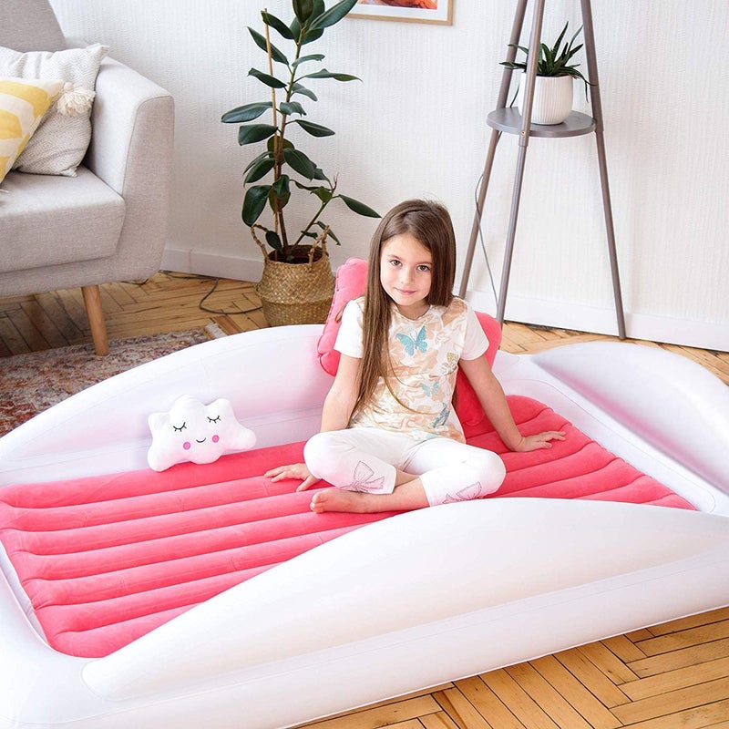 Sleepah Inflatable Toddler Travel Bed Portable Kids Air Mattress Set w Safety Rail Guards for Kids & Toddlers - Includes Pump, Carry Case, Pillow & More - Perfect Transitional Cot Coral - Image 5